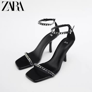 Zara รองเท้าส้นสูง เปิดนิ้วเท้า แต่งสายโซ่ สีดํา เข้ากับทุกการแต่งกาย แฟชั่นฤดูร้อน สําหรับผู้หญิง 2022