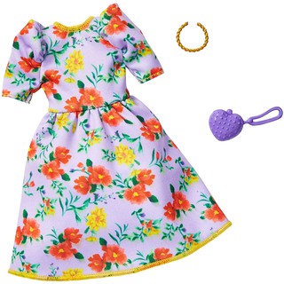 Barbie Fashion Pack with Orange &amp; Yellow Floral Dress, Necklace &amp; Heart-Shaped Purse, Doll Clothes GHW84 ชุดเดรสแฟชั่น ลายดอกไม้ สีส้ม สีเหลือง สําหรับตุ๊กตาบาร์บี้ GHW84