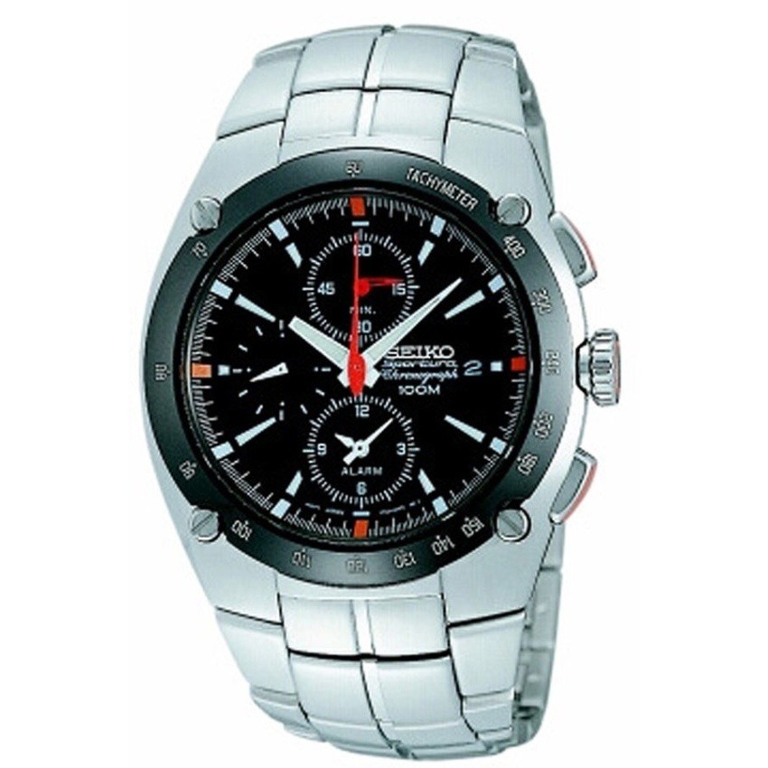 Seiko Sportura Alarm Chronograph Men's Watch Silver/Black stainlessStrap SNA451P1