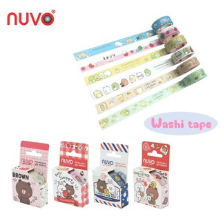 เทปวาชิ เทปตกแต่ง (washi tape) ตรานูโว Nuvo ลาย Sumikko gurashi Mamegoma และ line friends ขนาด15 มม. x ยาว 5 เมตร