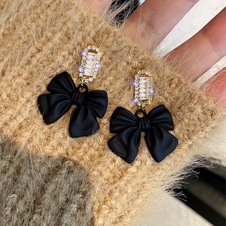 Japan and Korea ins winter fashion trend black bow diamond earrings 925 silver needle Korean wild temperament female earrings