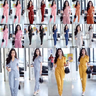 💚Sshop ส่งไว1-2วัน💚 S6209  จั้มสูทขายาว กระดุมหน้า ผูกเอว Long-sleeve jumpsuit, buttoned front, tied at the wa