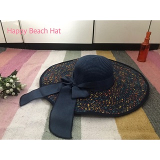 หมวกปีกสาน Happy Beach Hat สีน้ำเงิน ตกแต่งด้ายสีและโบว์