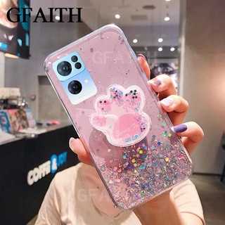 New เคสโทรศัพท์ OPPO Reno7 Pro 5G China Bling Starry Sky with Cute Cat Paw Stand Holder Transparent Soft case Cover เคส Reno7Pro