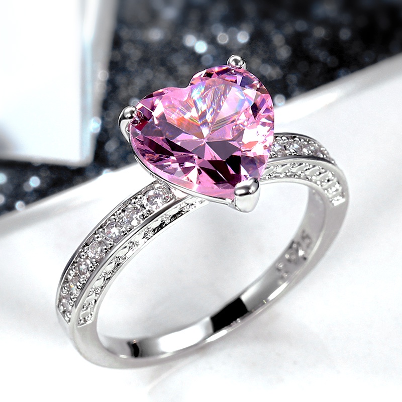 100% solid 925 เงินสเตอร์ลิงโรแมนติกสีชมพูหัวใจแหวนผู้หญิง Brilliant Cubic Zirconia เจ้าสาวงานแต่งงานแหวนสไตล์หญิงอุปกรณ์เสริมร้อน