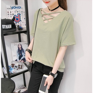 TJเสื้อแฟชั่น แขนสั้น คอสายไขว้4เส้น สีขาว รหัสสินค้า 005888