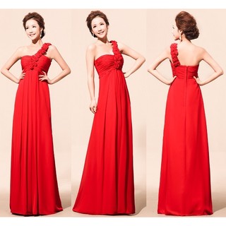 Maxi Dress ออกงานบ่าเดียวกุกลาบช่อๆ สีน้ำเงินสด ซิบหลังใส่ง่าย