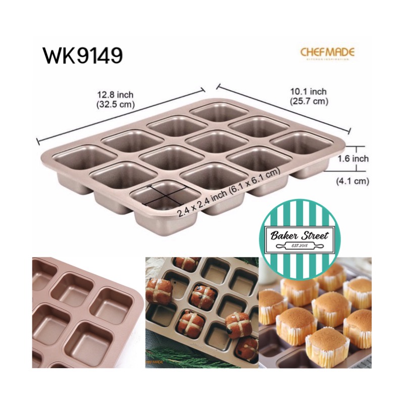 พิมพ์ CHEFMADE รหัส  WK9149 พิมพ์สี่เหลี่ยม 12 หลุม เคลือบเทฟลอนสีทอง