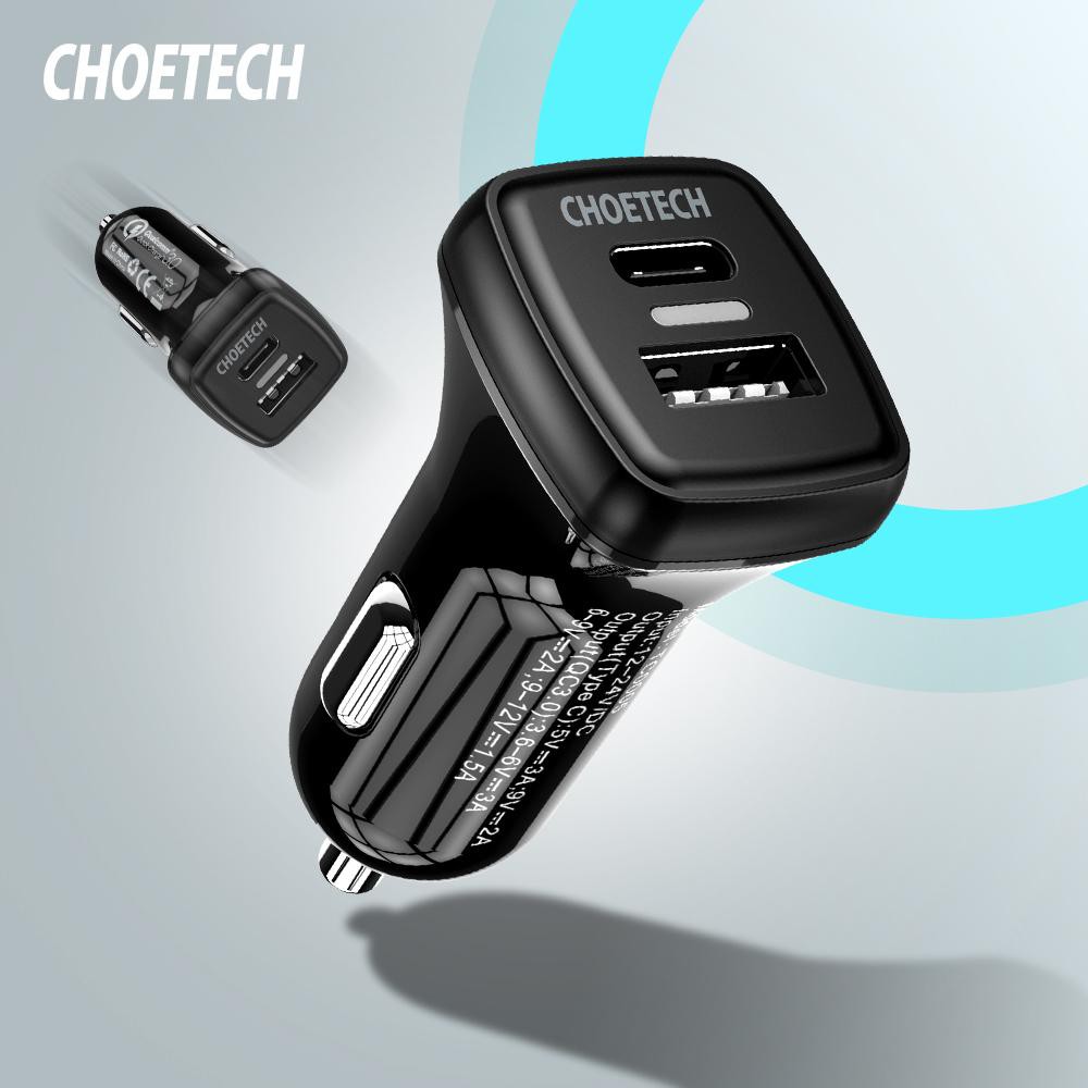 CHOETECH ที่ชาร์จในรถ อะแดปเตอร์ชาร์จไฟในรถ 2 พอร์ต USB-C 36W Power Delivery 18W + Quick Charger 3.0 18W