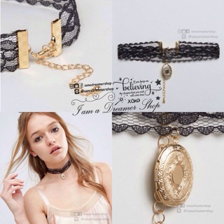 พร้อมส่ง สร้อยล็อกเกต Vintage Locket Lace Choker (Black)