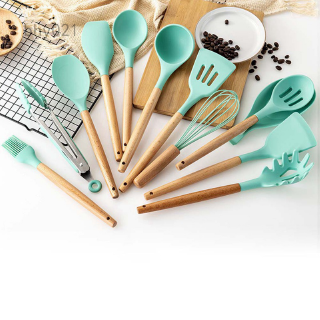 Silicone Cooking Utensil Set Wooden Handle Spatula Soup Spoon Brush Ladle Pasta Colander Egg Stirring Whisk Non-stick Cookware Kitchen Tools