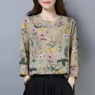 เสื้อแขนยาว ลายดอกไม้ คอกลม เนื้อผ้าเบาบางนิ่ม สวมใส่สบาย