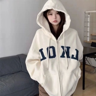 American pink drawstring hooded sweater womens autumn 2022 new loose casual long-sleeved zipper cardigan coat