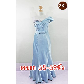 E1722-3-2XL-ชุดราตรียาวคนอ้วน สีเทา ผ้าไหมซาตินเกรดเอ เกาะอกปักเลื่อม บ่าเดี่ยวเฉียงจับจีบ กระโปรงทรงหางปลา