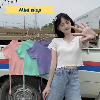 Mini shop🌸พร้อมส่ง🌸 (3123) เสื้อไหมพรมแขนสั้น ปลายหยักเล็กๆน่ารักๆ ดีเทลรูดข้าง