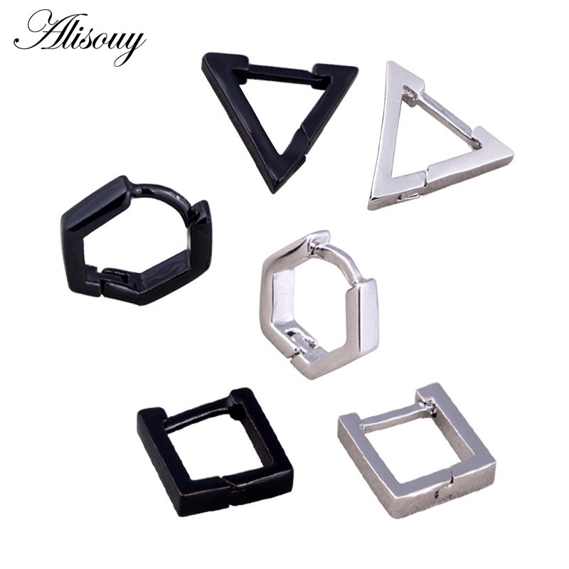 Alisouy 2PCS สามเหลี่ยมสแควร์ Rhombus สแตนเลสผู้ชายผู้หญิงหู drop Dangle ต่างหู