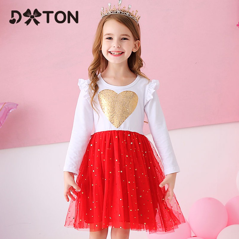 DXTON Princess Kids Dress Heart Sequined Girls Dress Winter Long Sleeve