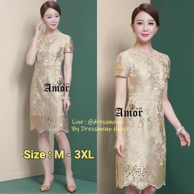 ชุดออกงาน ชุเราตรี ชุดไปงาน ชุดเดรส ชุดคนอ้วน ชุดสีทอง 216 # ✨✨Amor Glamorous Embroidery Dress✨✨