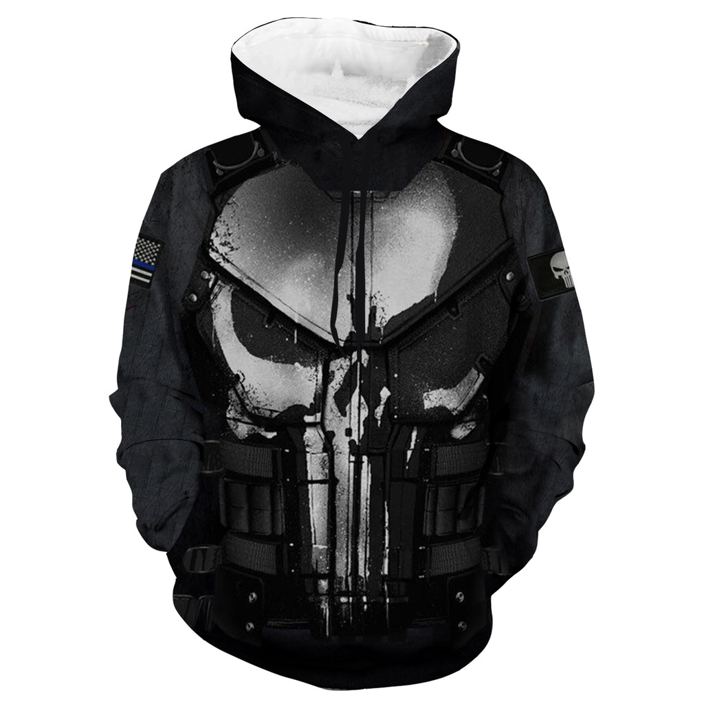 Punisher Hoodie unisex Pullover เสื้อกันหนาวแฟชั่น 3D พิมพ์ Outerwear