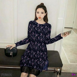 SS3211 Dress เดรส อัดพลีท ทั้งตัวลายดอกไม้ ซับในลูกไม้