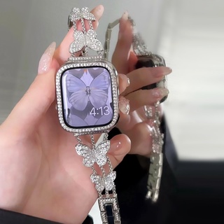 สายนาฬิกาข้อมือ ลายผีเสื้อ ประดับเพชร สําหรับ Apple Watch Series 8 7 6 se 5 4 3 2 1 ขนาด 45 มม. 41 มม. 38 มม. 40 มม. 44 มม. 42 มม.