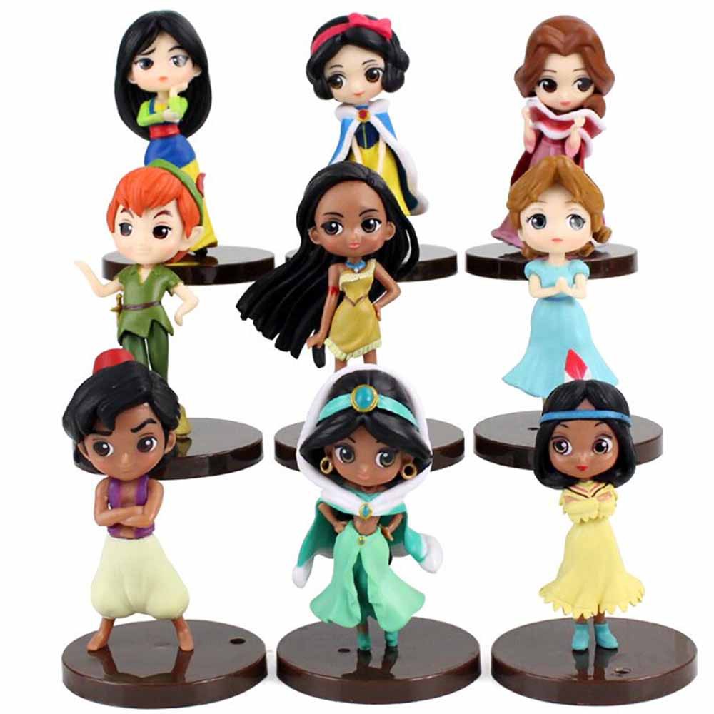 9 ชิ้น/เซ็ต 7 ซม.Q Posket Disney Princess รูปของเล่นเจ้าหญิง Snow White Mulan Cinderella Tangled Aladdin Moana Peter Pan Sleeping Beauty ตุ๊กตา