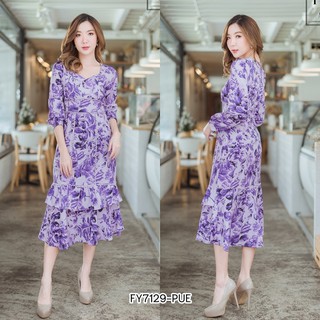 (S-XL)  ชุดเดรสยาวคอเหลี่ยมลายดอกไม้ สีม่วง IFY7129