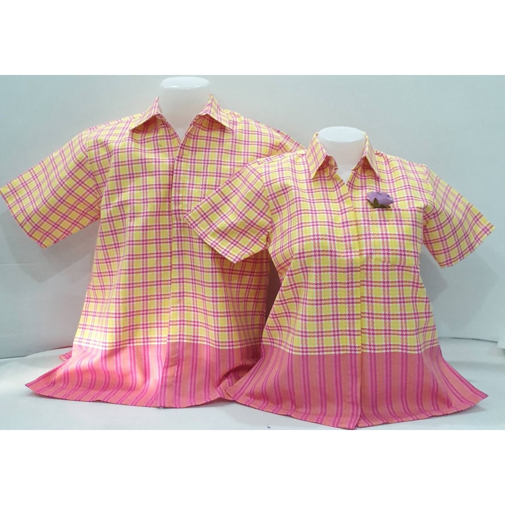 เสื้อเชิ๊ต อัดกาว สีเหลืองชมพู ลายชิโนริ ชาย/หญิง