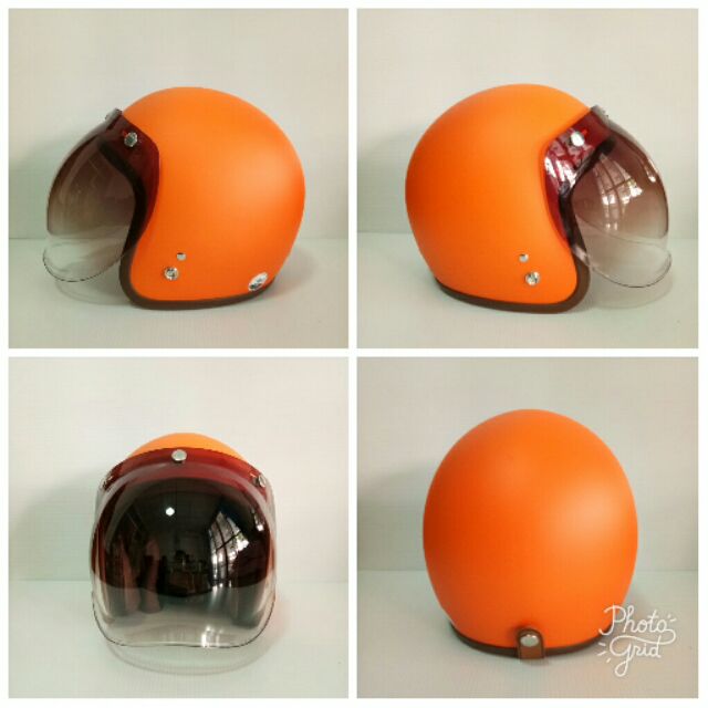 หมวกกันน็อคแนววินเทจ สีส้มด้าน พร้อมแว่นบับเบิ้ลสีทูโทนแบบเปิดไม่ได้
