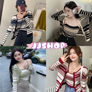 JJ shop 💜พร้อมส่ง เสื้อคลุมไหมพรมลายทาง+สายเดี่ยวไหมพรม ลายทางคู่กันปังมาก "6A79+6A79-1"​ -N