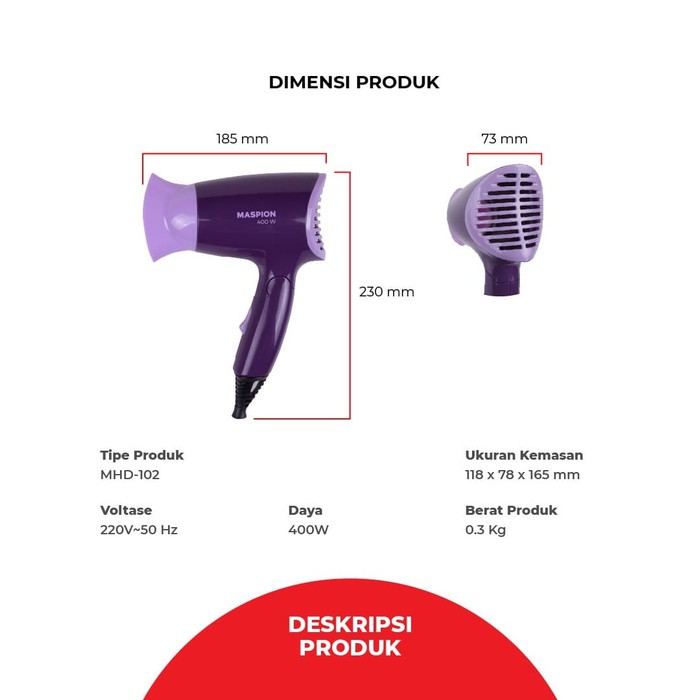 ไดร์เป่าผม MHD-102PRP 220V MP / MASPION ไดร์เป่าผม
