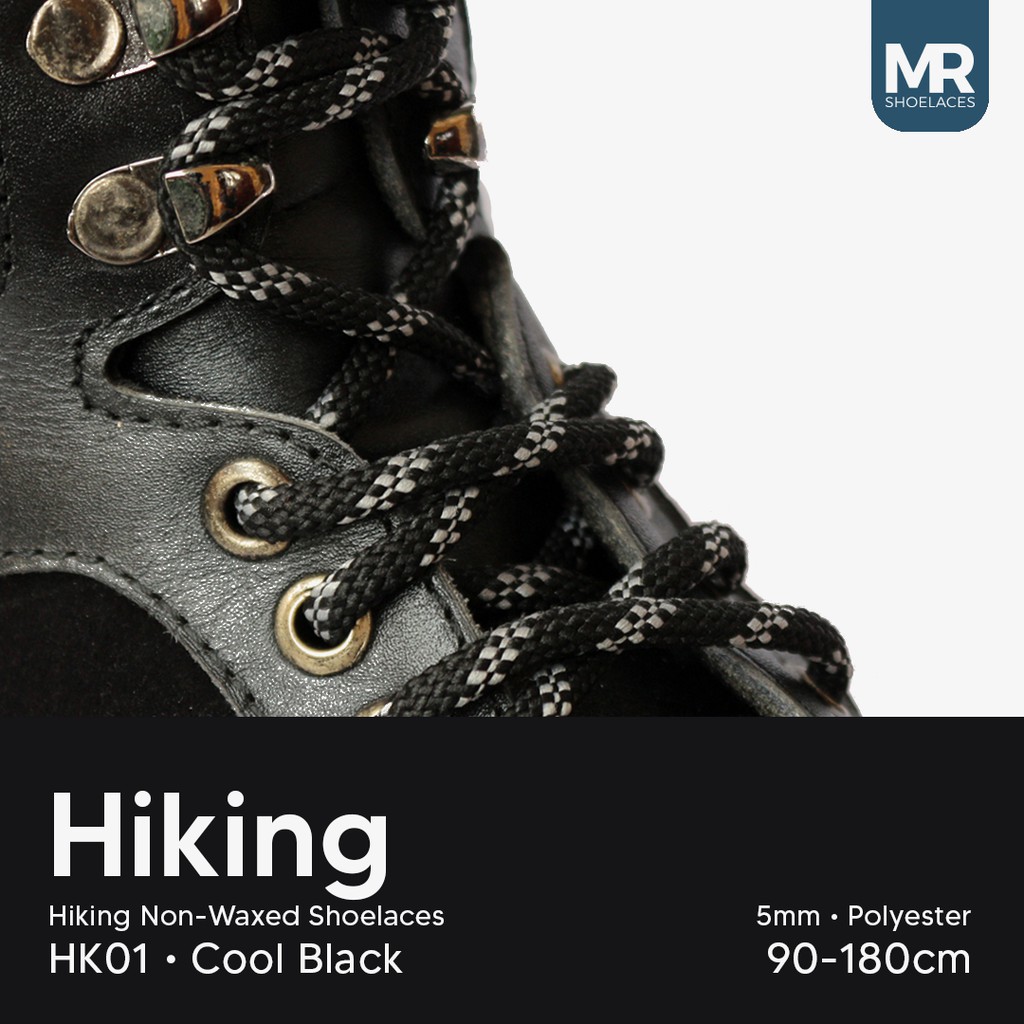 Hitam Mr Shoelaces HK01 Cool Black (สีดํา) Motif เชือกผูกรองเท้าเดินป่า 4-5 มม.90 ซม.100 ซม.120 ซม.130 ซม.150 ซม.180 ซม.200 ซม.