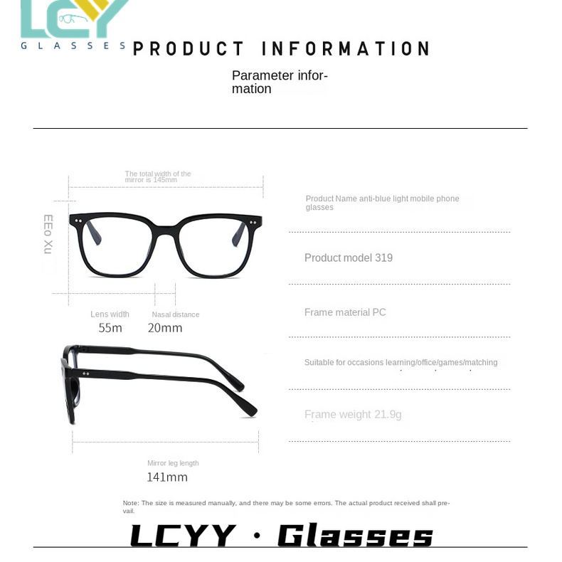 Lcyy ใหม่ แว่นตาสายตาสั้น TR90 กรอบสีดํา ป้องกันแสงสีฟ้า สไตล์เกาหลี สําหรับผู้ชาย และผู้หญิง 319
