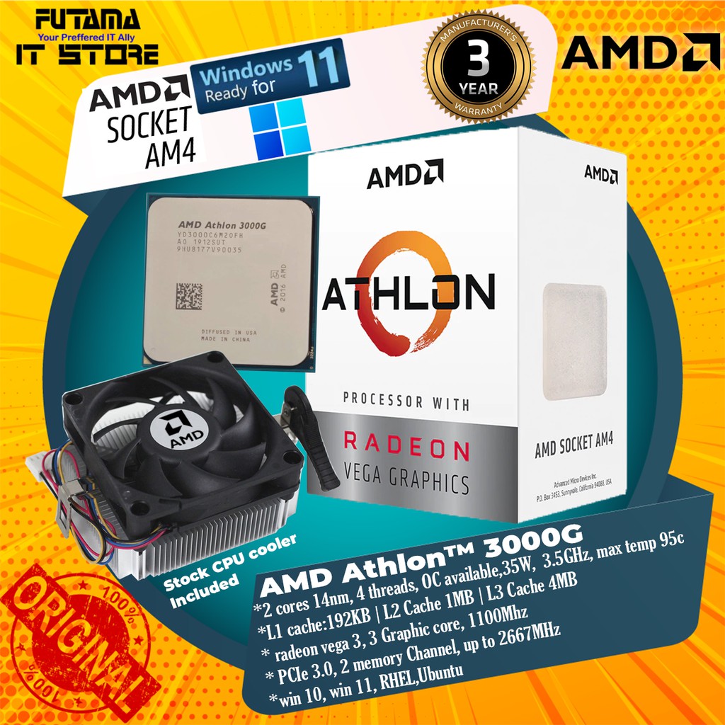 Amd Athlon โปรเซสเซอร์เดสก์ท็อป 3000G พร้อมกราฟิก Radeon Vega 3 (3.50GHz, 2 แกน, 5MB Cache, ซ็อกเก็ต AM4)