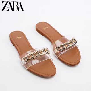 Zara รองเท้าแตะ ส้นแบน แต่งสายโซ่ใส สีแอปริคอท แฟชั่นฤดูร้อน สําหรับผู้หญิง 2022