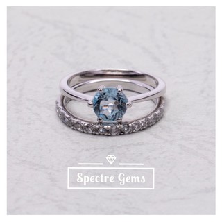 แหวนเงินแท้ 925 พลอยแท้ Sterling Silver Ring 92.5% topped with Blue Topaz (Blue) ชุบโรเดียม *พร้อมส่ง*