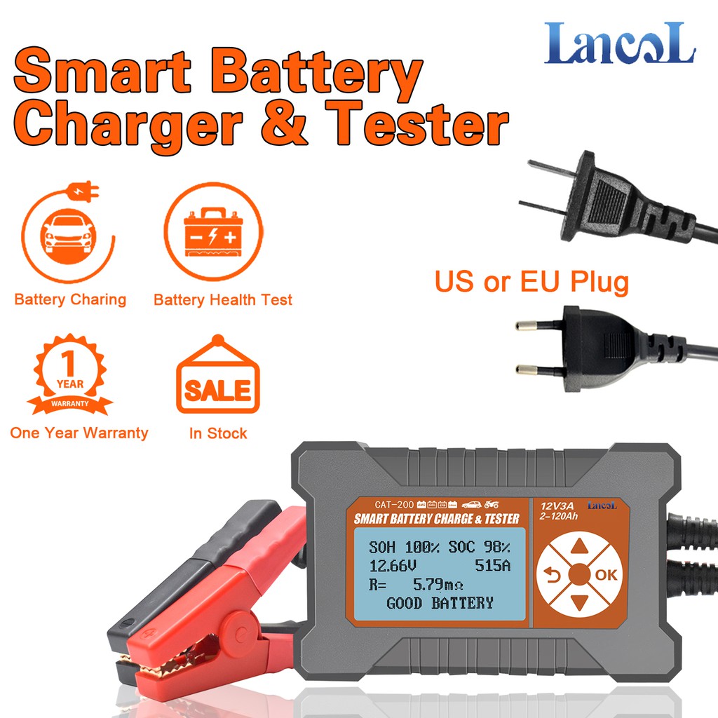 Lancol Cat200 เครื่องชาร์จแบตเตอรี่รถยนต์และทดสอบสมาร์ทอัตโนมัติจอแสดงผล LCD 12V 3A Multi-Function เครื่องมือวินิจฉัยเครื่องทดสอบ
