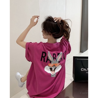 Cartoon Rabbit Print Short Sleeves Womens Korean Style Loose Regular T-shirt Summer Round Neck Fashion Casual Half Sleeve