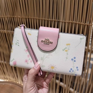 COACH C3371 TECH PHONE WALLET IN SIGNATURE CANVAS WITHFLORAL PRINT กระเป๋าสตางค์ใบยาว สีขาว-ดอกไม้เล็ก