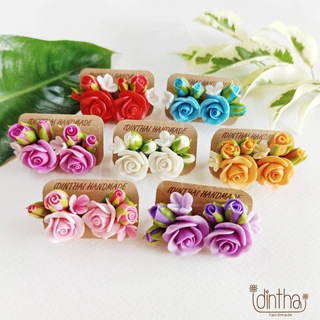 ต่างหูช่อกุหลาบ งานดินปั้น จากดินไทย แบรนด์ไอดินไทย Rose bouquet Earrings brand idinthai