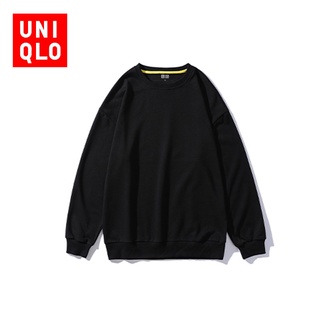 Uniqlo เสื้อกันหนาว คอกลม ทรงหลวม สีดํา สไตล์สปอร์ต สําหรับผู้ชาย และผู้หญิง