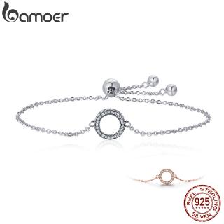 BAMOER Glittering Round Circle Chain Strand Bracelets for Women 925 Sterling Silver SCB030