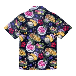 เสื้อฮาวาย ลายขนมไทย แบรนด์ Windwear ผ้าเรยอน Aloha Shirt KanomThai Black