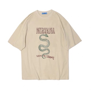 เสื้อยืดผ้าฝ้าย♗Nirvana Nirvana rock KurtCobain Kurt Cobain งูหลวมแขนสั้นเสื้อยืดผู้ชายผ้าฝ้าย teeL XL  XXL 3XL