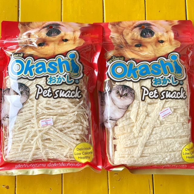 ขนมน้องแมว น้องสุนัข Okashi ปลาเส้นรสจืด และรสปูอัด 150 กรัม