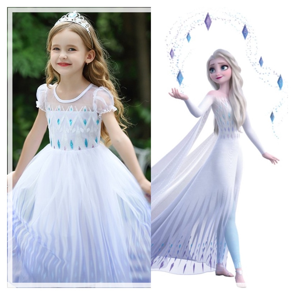 แช ่ แข ็ ง 2 ชุดเจ ้ าหญิง Elsa เครื ่ องแต ่ งกายสําหรับเด ็ กผู ้ หญิงชุดอาหารค ่ ําสีขาวพร ้ อมชุดหางยาวพร ้ อมเลื ่ อม