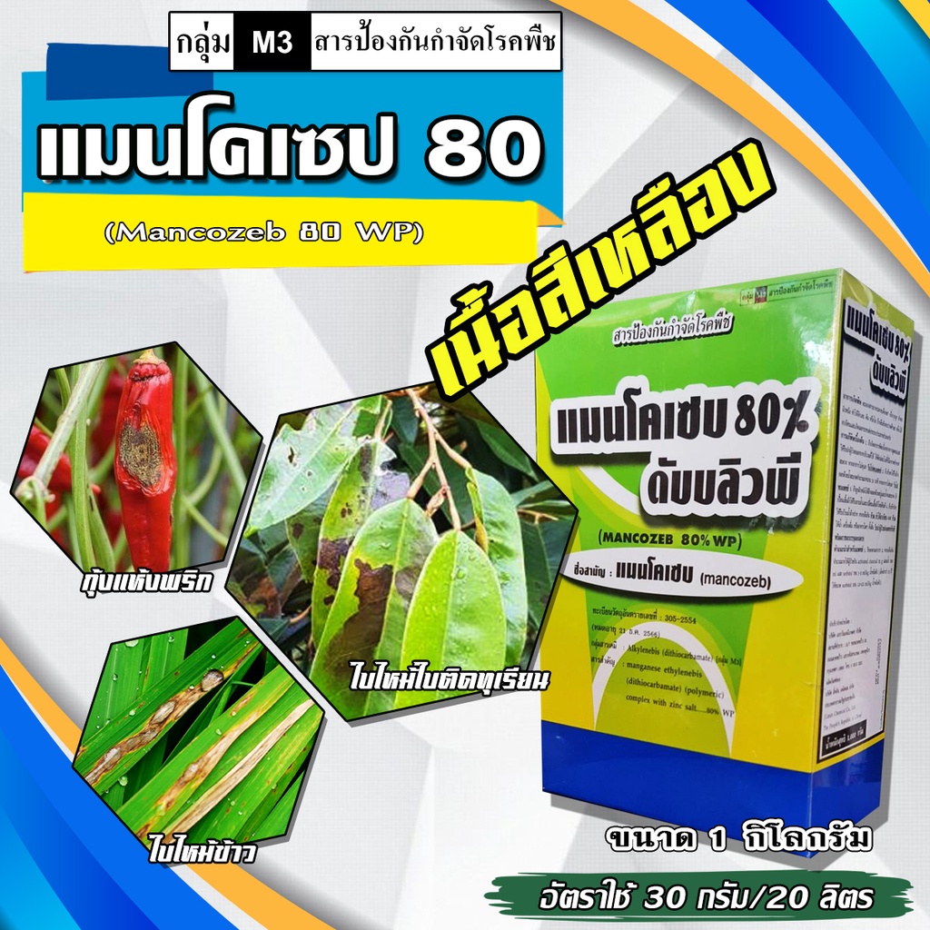 แมนโคเซบ 80% WP สีเหลือง 1 กก. สารป้องกันกำจัดโรคพืช (mancozeb) สูตรสัมผัส