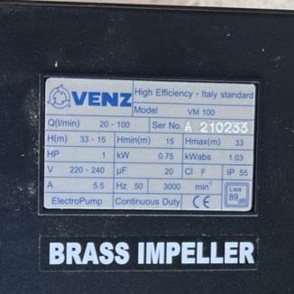 ปั๊มน้ำหอยโข่งไฟฟ้า VENZ VM100(1HP 1”x 1” 220V) (ใบพัดน้ำNORYL และใบพัดน้ำทองเหลือง)ของแท้อิตาลี100% ประกัน 1ปี