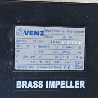 ปั๊มน้ำหอยโข่งไฟฟ้า VENZ VM100(1HP 1”x 1” 220V) (ใบพัดน้ำNORYL และใบพัดน้ำทองเหลือง)ของแท้อิตาลี100%
