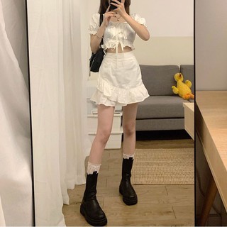 🔥Hot sale~ 2020 ฤดูร้อนใหม่สไตล์เกาหลีออกแบบเฉพาะเสื้อลูกไม้สั้นและกระโปรงนัวเนีย